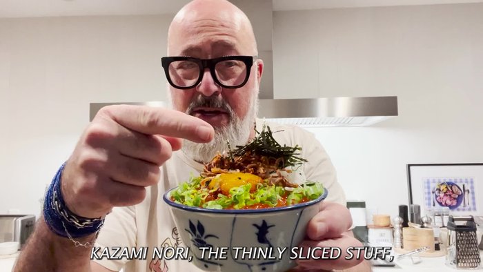Add kazami nori, grated radish, scallions, and togarashi.