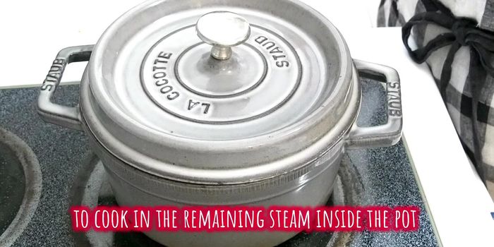 Fluff the rice from the bottom to release moisture. Cover and steam for at least 10 minutes, or longer if needed (up to 30 minutes).