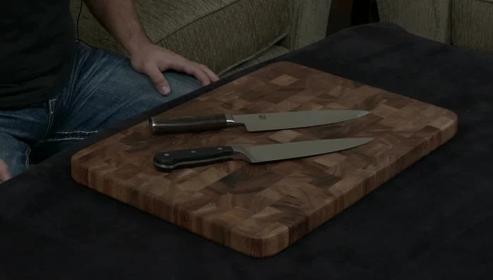 Shun & Wüsthof knives on cutting board