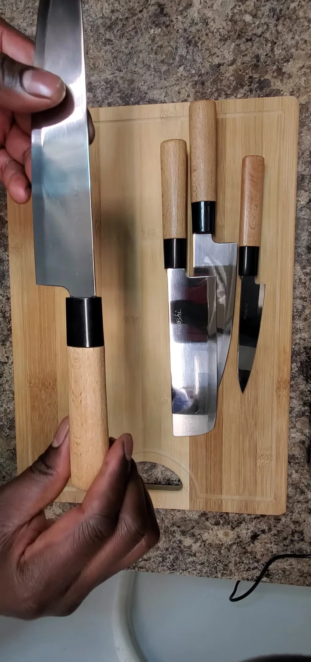 Hiruchi sushi knife set on wood block