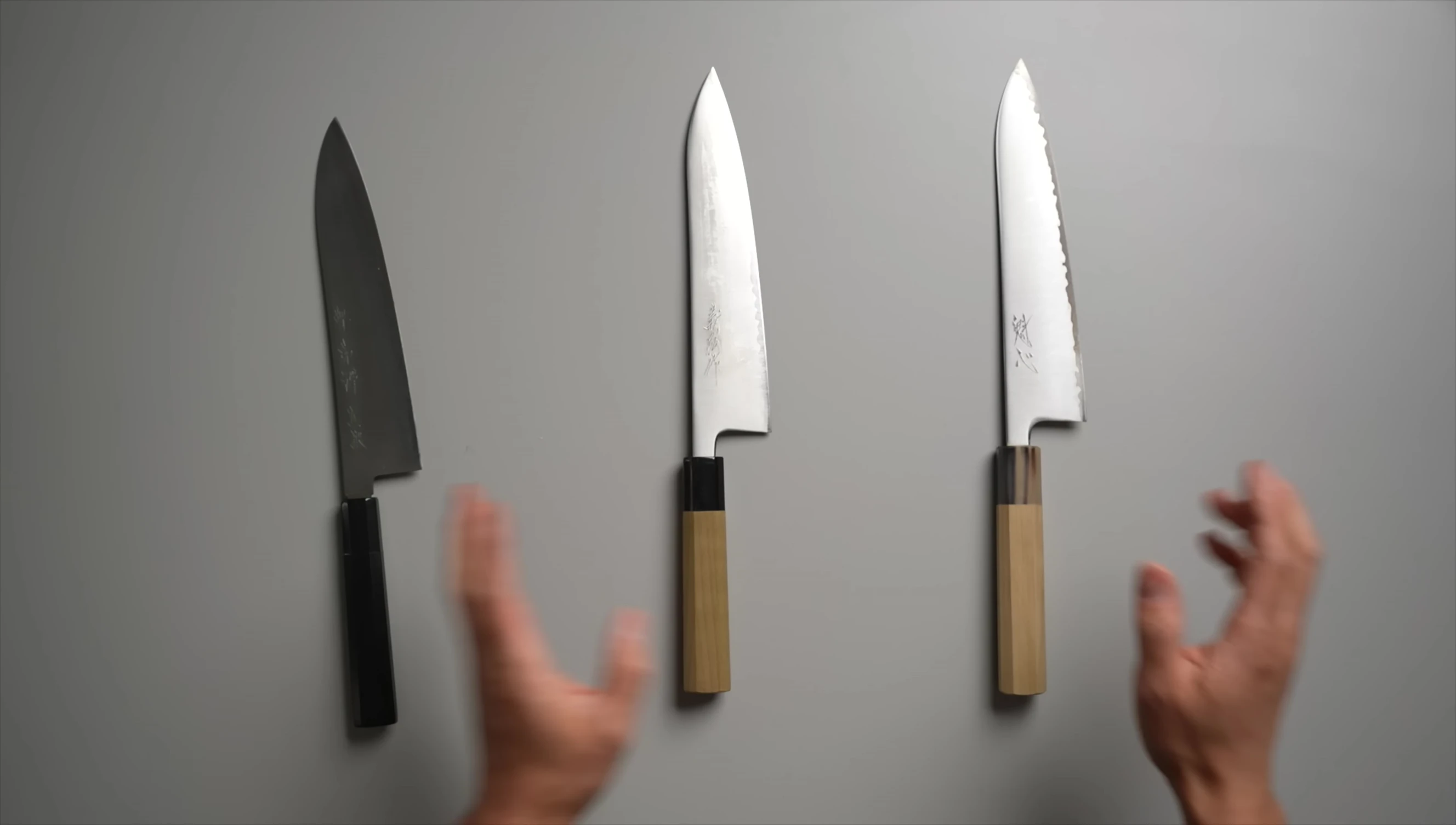 Three kitchen knives with unique handles