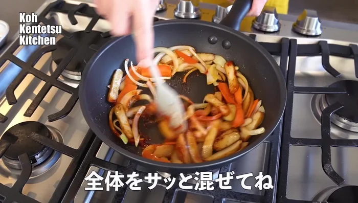 Stir in soy sauce and gochujang. Allow the seasonings to absorb into the vegetables before adding water. [295.759, 318.639]