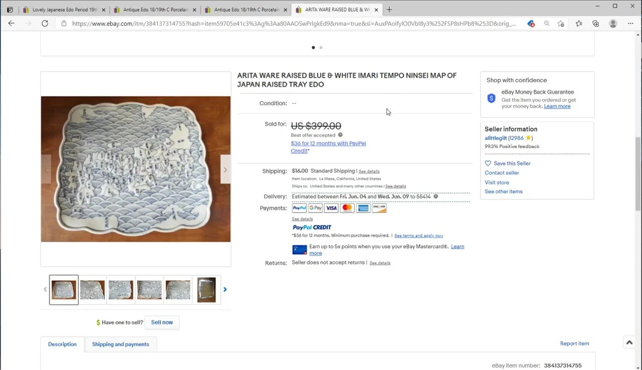 Antique Japanese tray, blue and white, $399