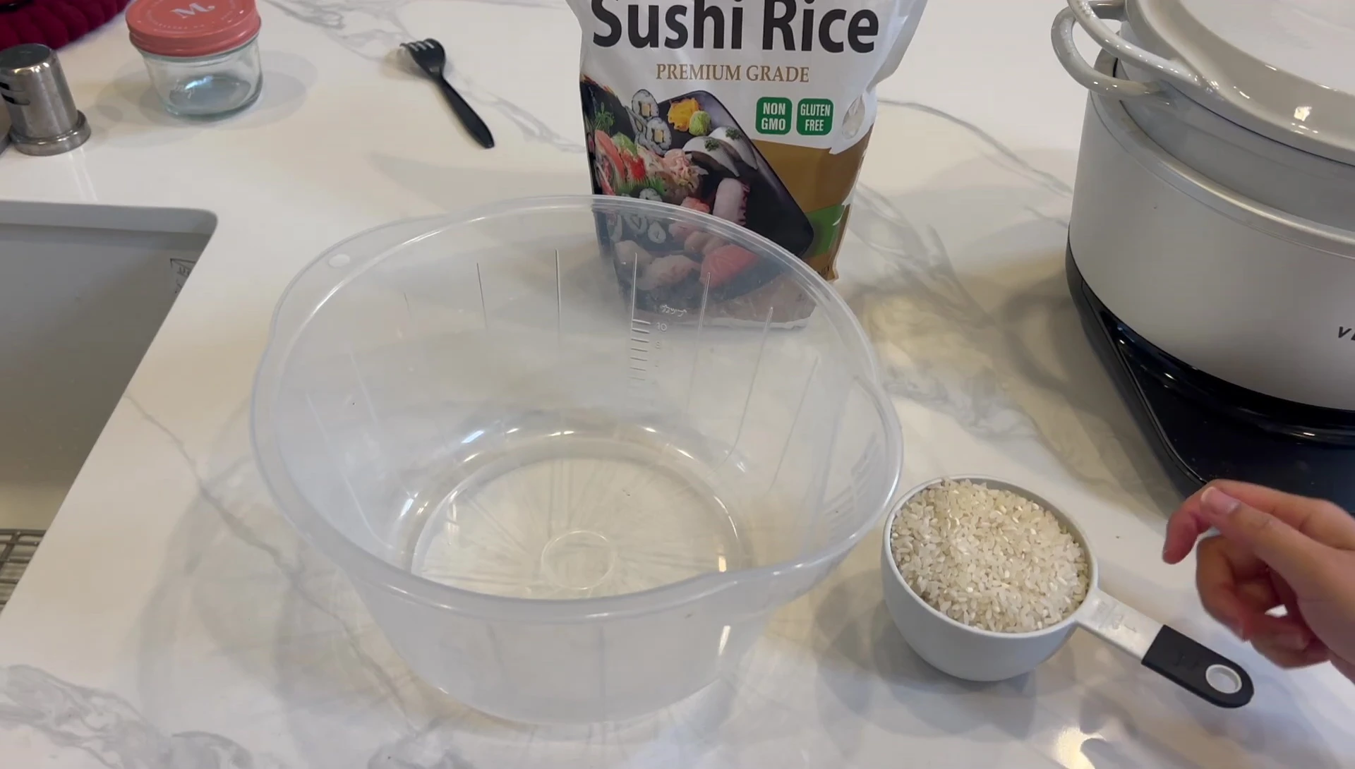 Sushi rice rinsing and cooking prep