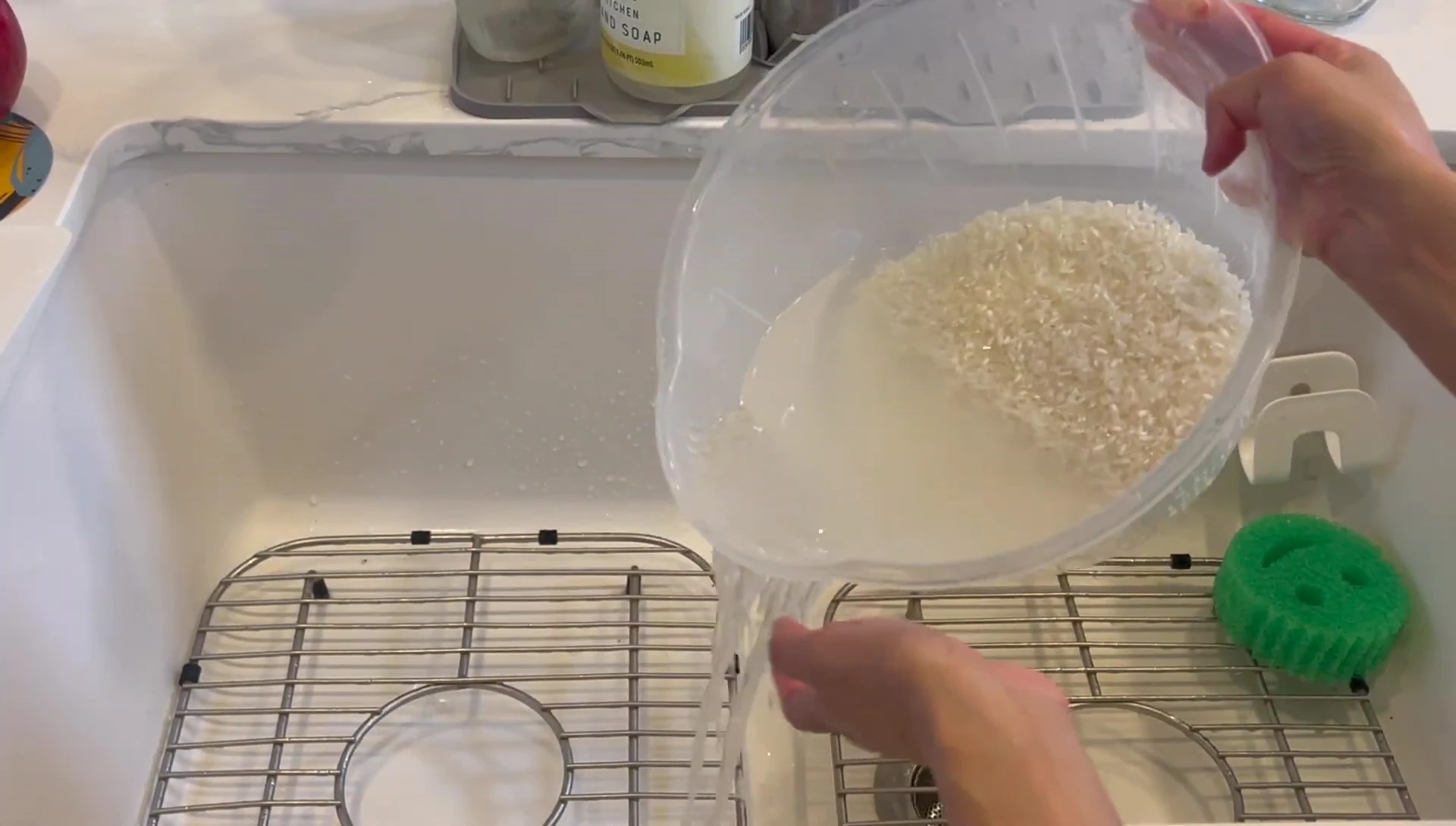 Rinsing sushi rice in a bowl