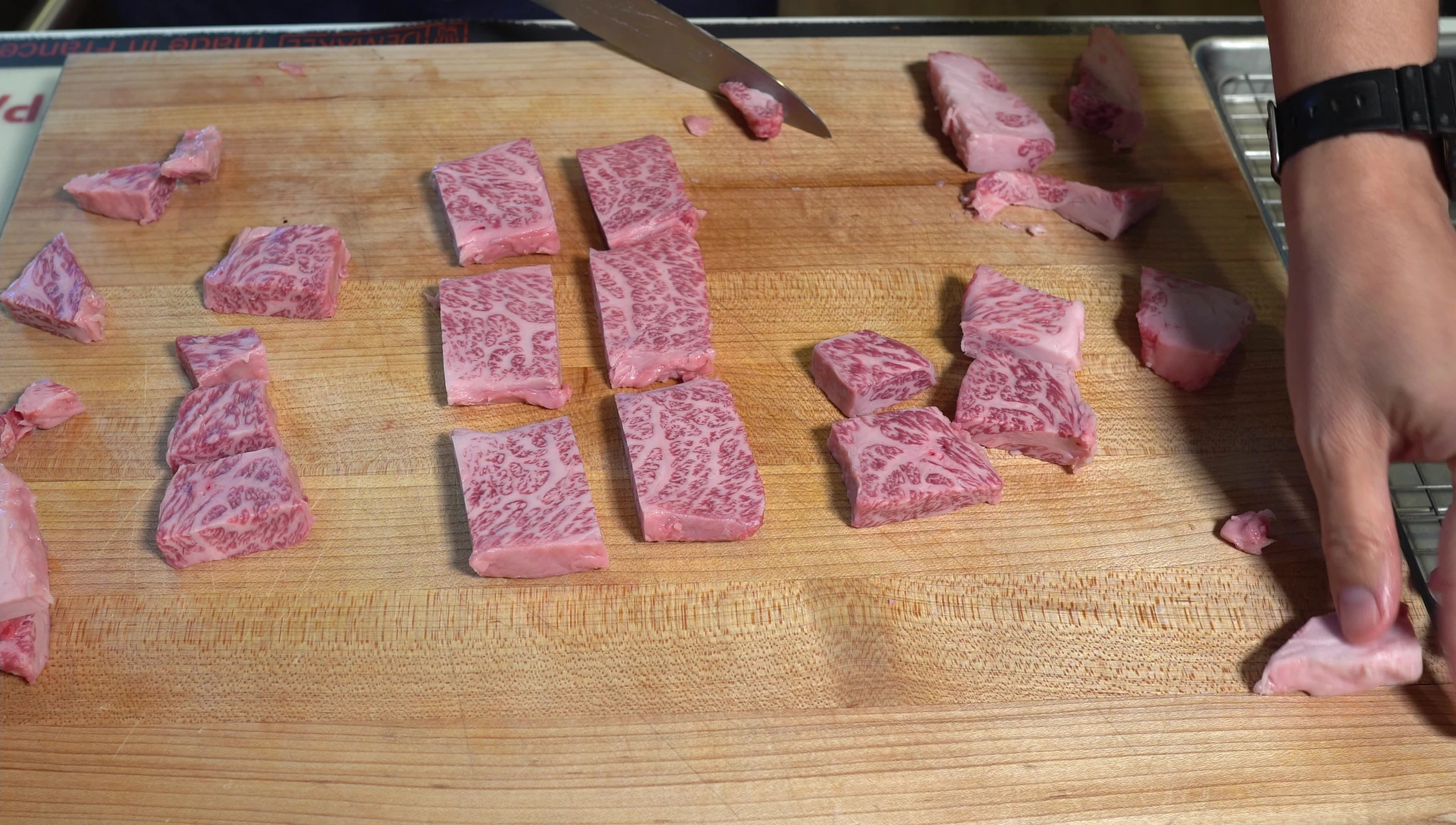 Sliced Wagyu beef, ready for skewers