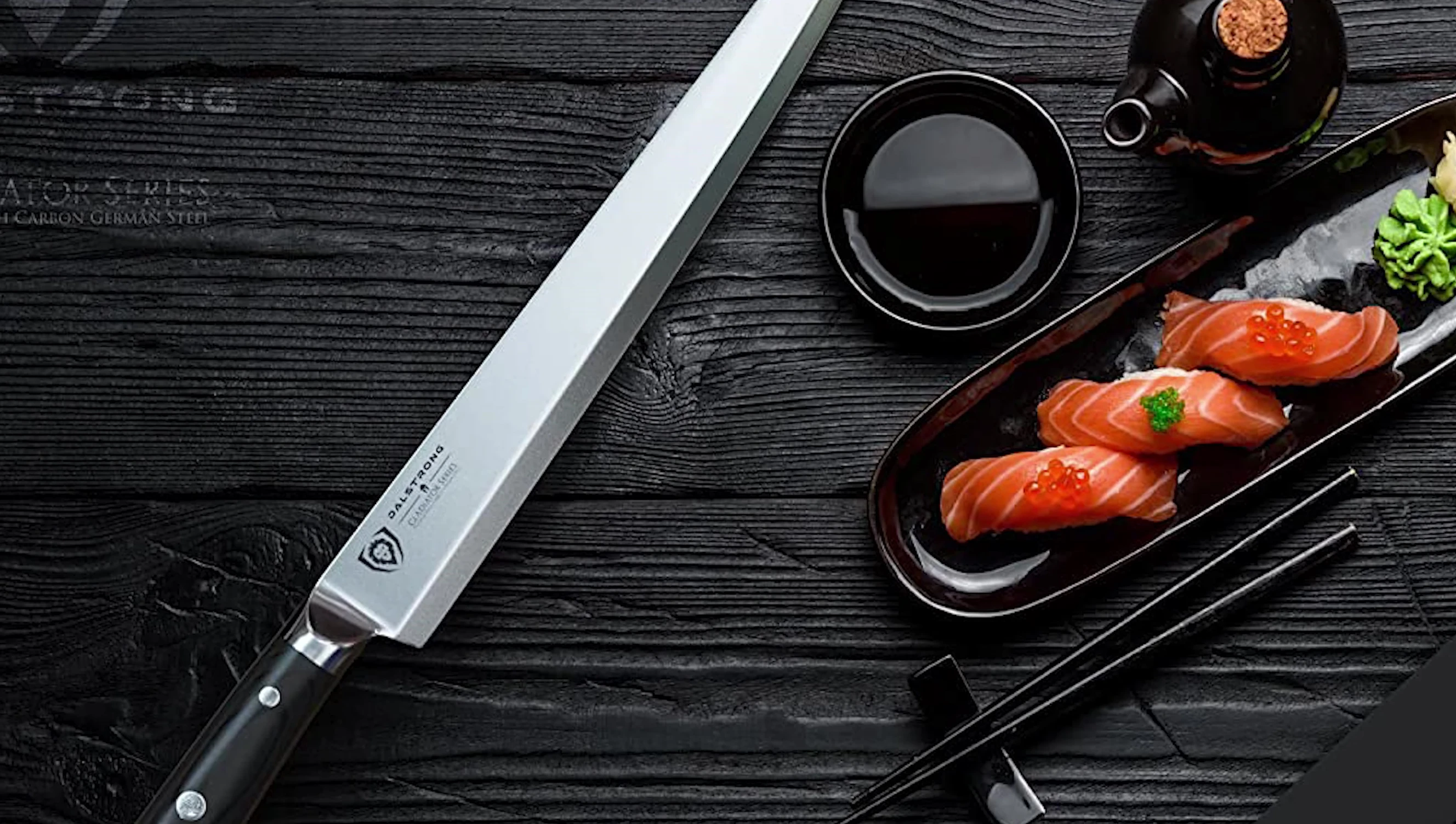 Dalstrom Yanagiba sushi knife with salmon sushi