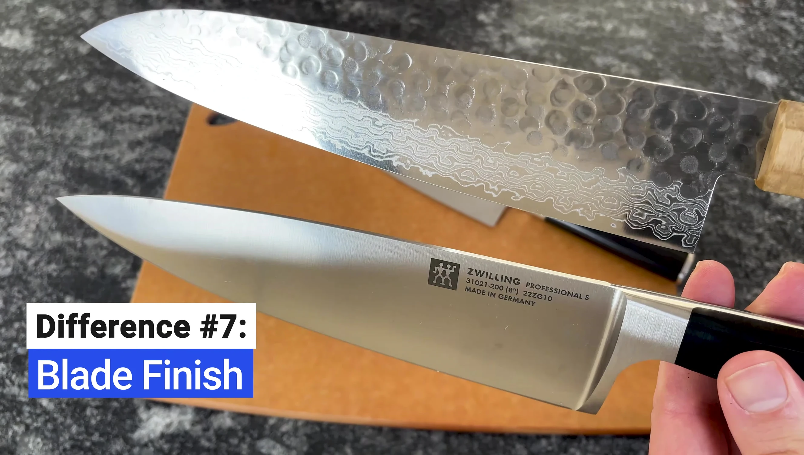 Close-up of a Japanese knife with a textured blade