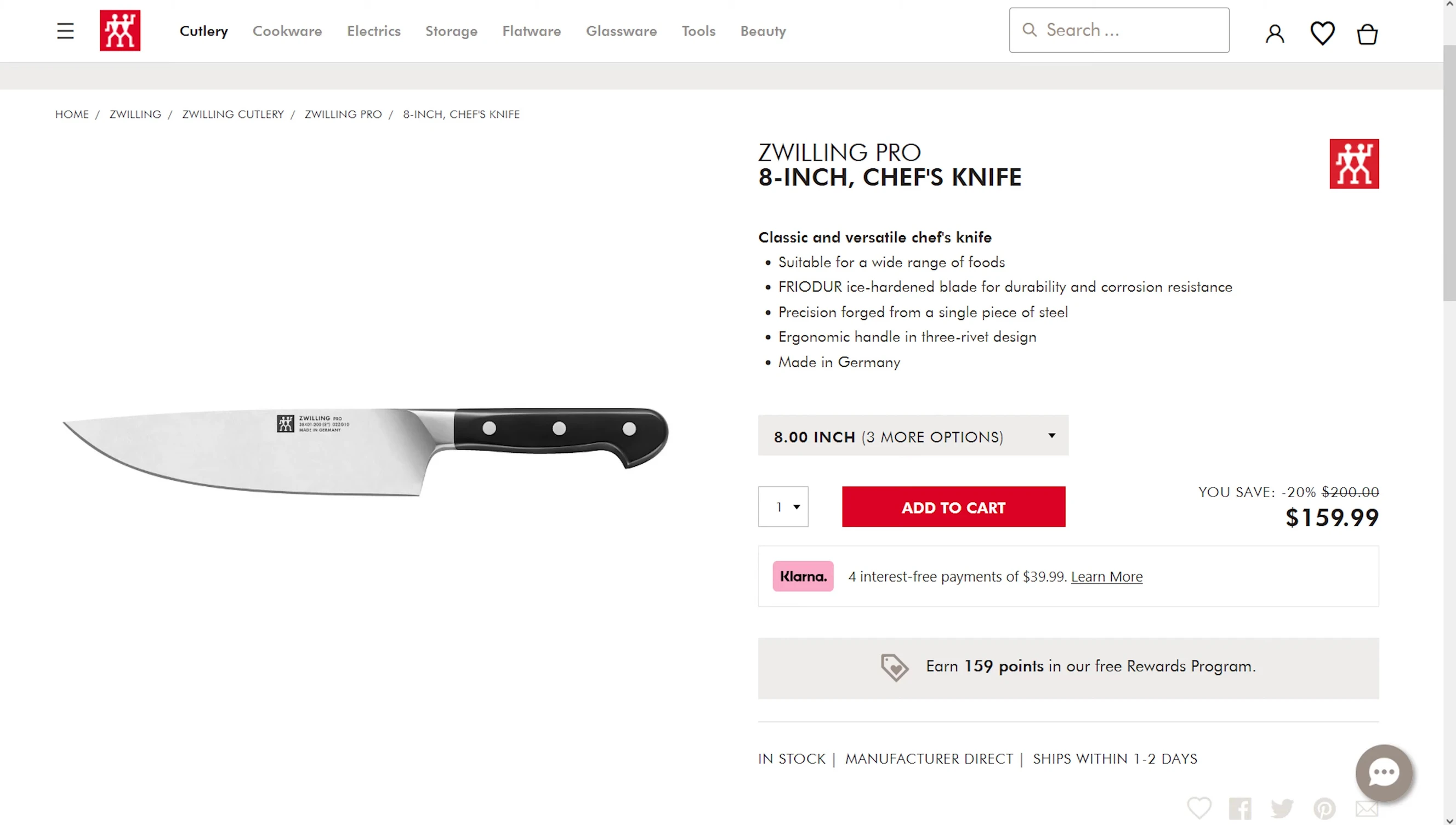 Example of pricing for a German chef's knife