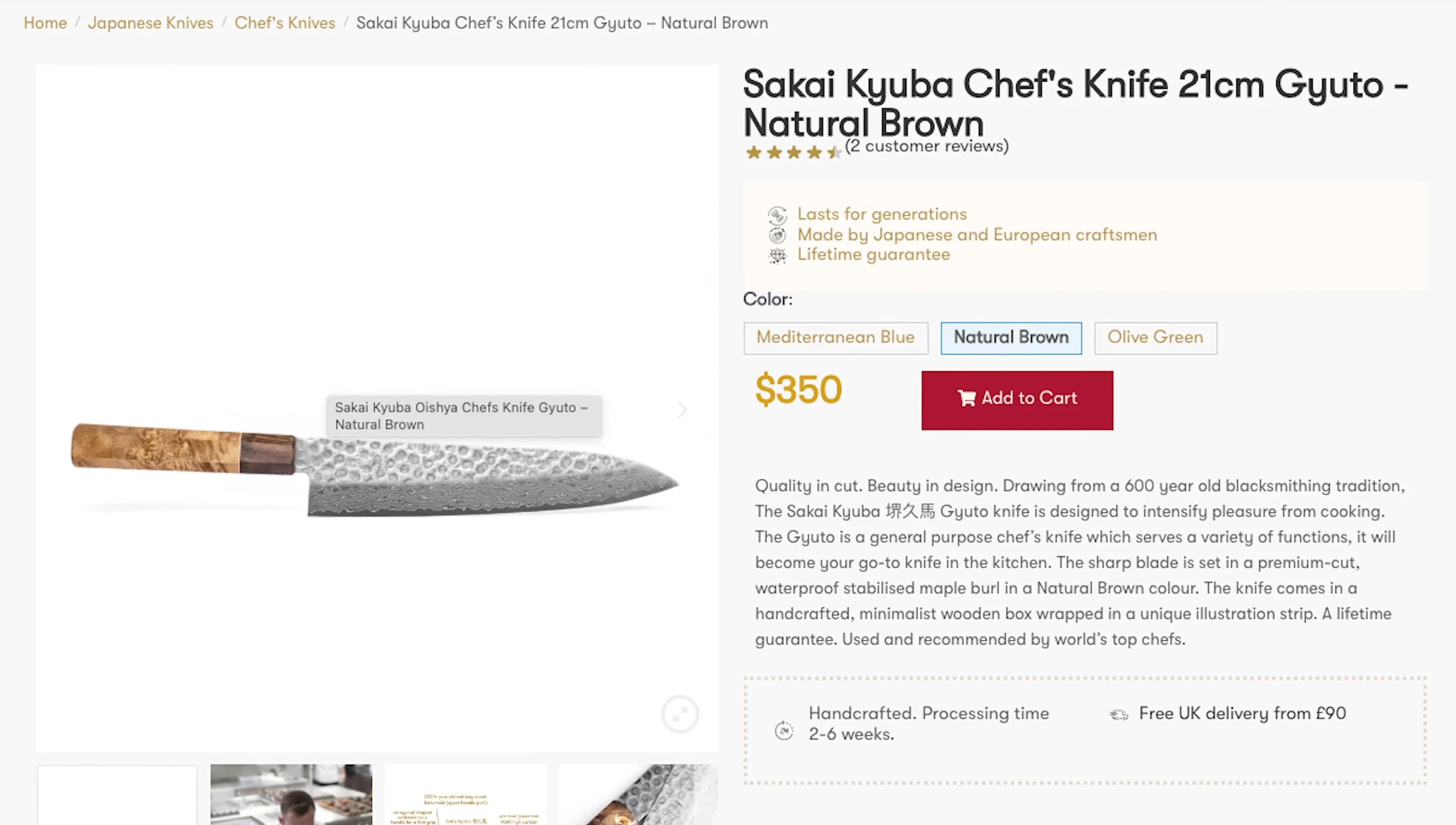 Example of pricing for a Japanese chef's knife