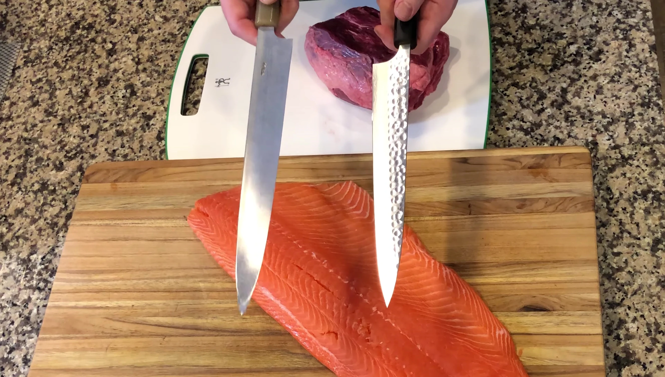 Yanagiba knife being held and presented as a fish-slicing knife.