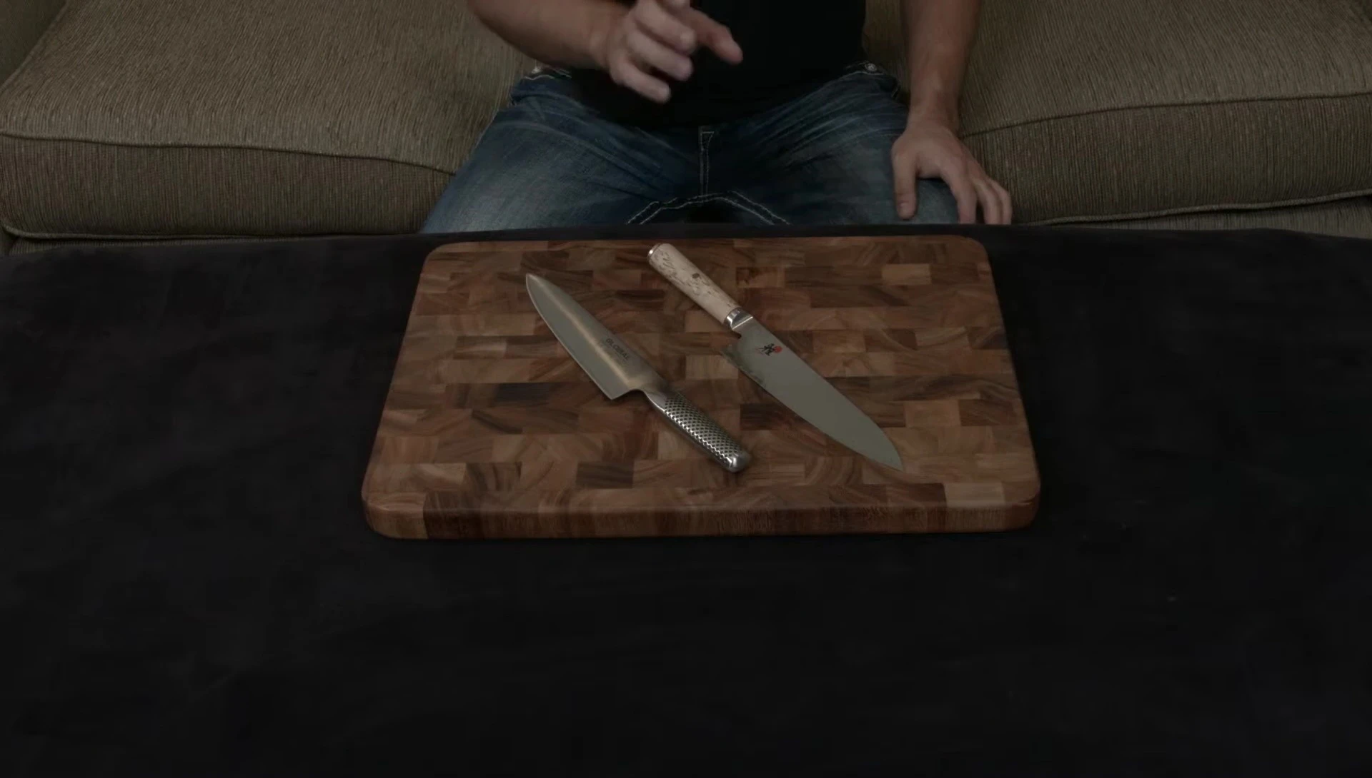 Close-up of the Miyabi Birchwood knife blade, showing the Damascus pattern.