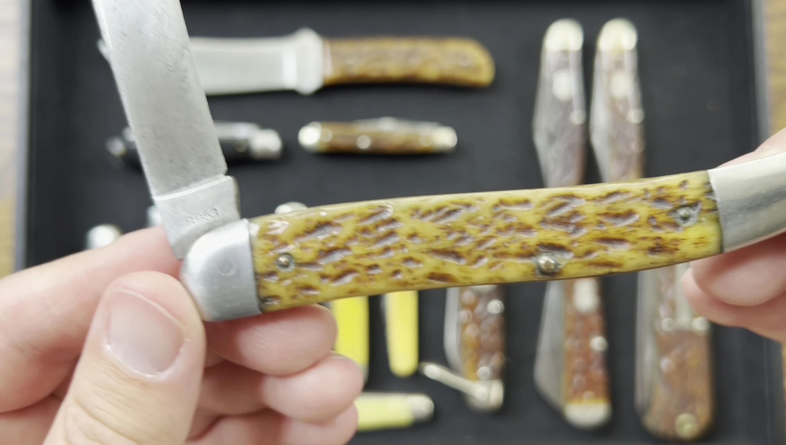 Close-up showcasing nickel silver bolsters and brass pins