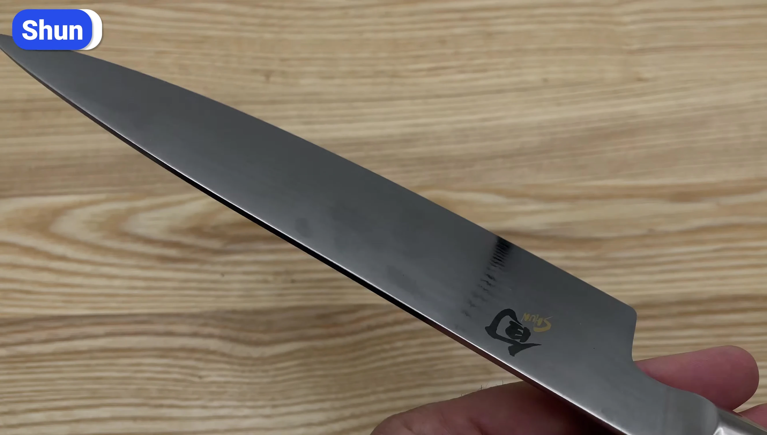 Close-up of Shun knife's hammered pattern