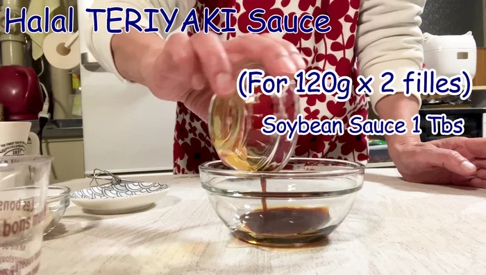 Make Teriyaki sauce: Mix soy sauce, sugar, and water. [257]