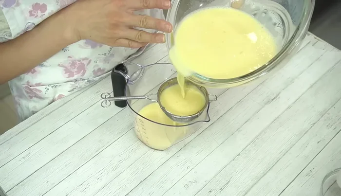 Strain the batter through a tea strainer to remove bubbles.