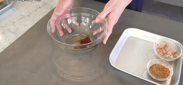 Prepare the dressing: In a bowl, combine mirin and soy sauce. Microwave until slightly warmed and combined. (Optional: Skip microwaving and use as is).