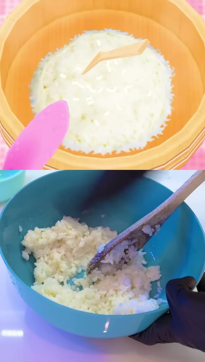 Place a scoop of rice in the center of the seaweed sheet.