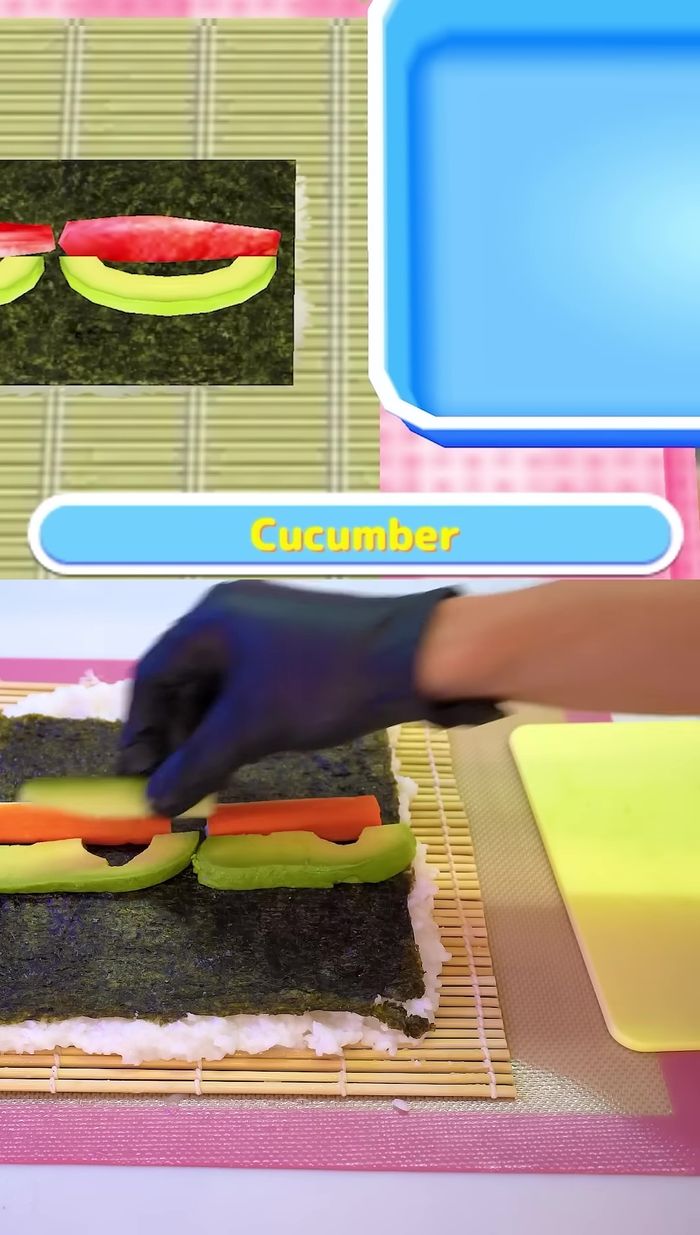 Carefully roll up the seaweed, rice, and avocado into a sushi roll. (It might not look perfect, and that’s okay!)