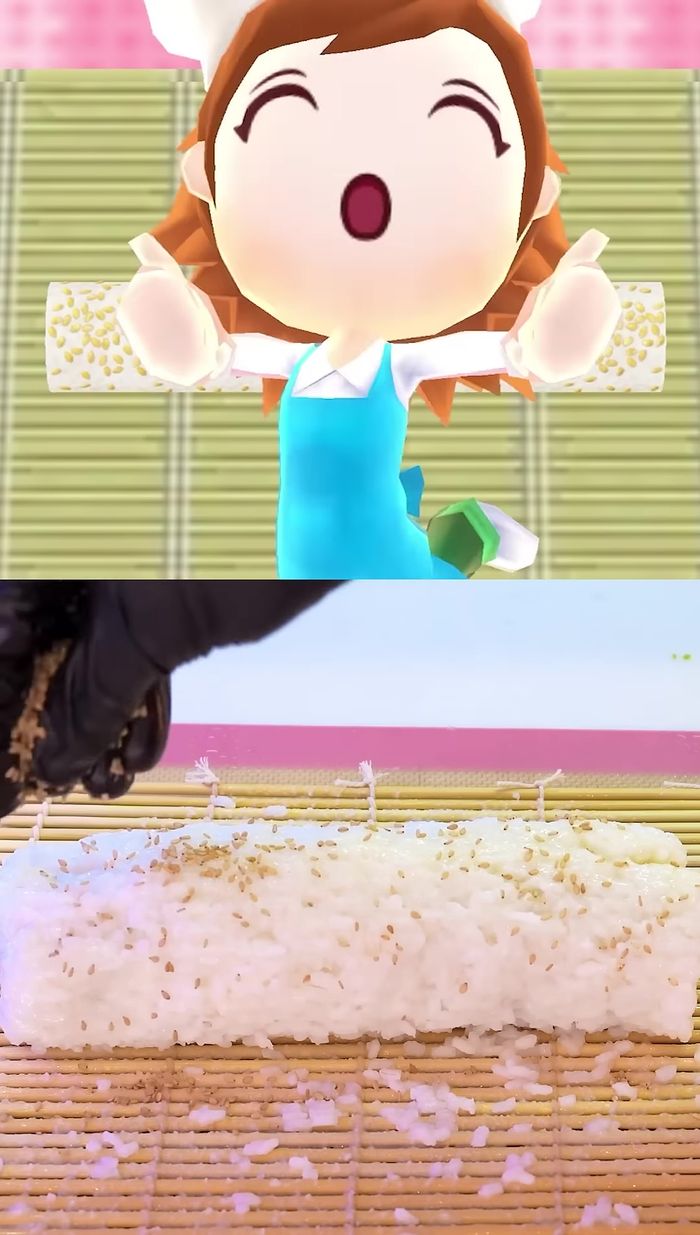 Sprinkle sesame seeds on the outside of the sushi roll.