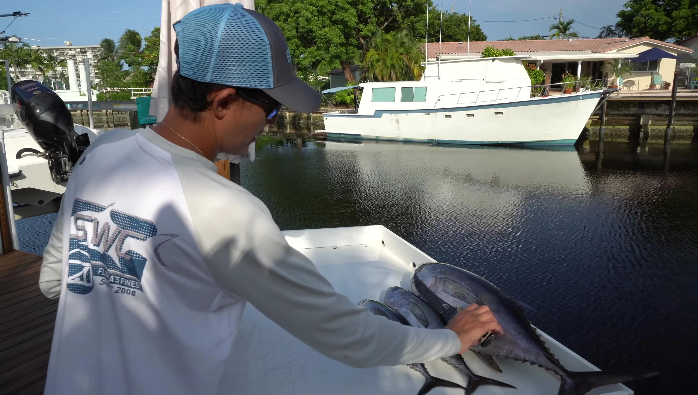 The three caught tuna on the filleting table.