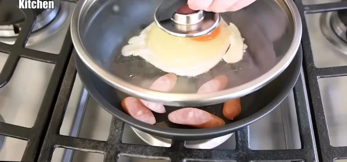 Cook sausages alongside the eggs.