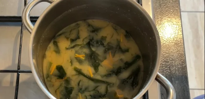 Simmer gently, do not boil. Adding egg and shrimp is optional. Add them at this stage.