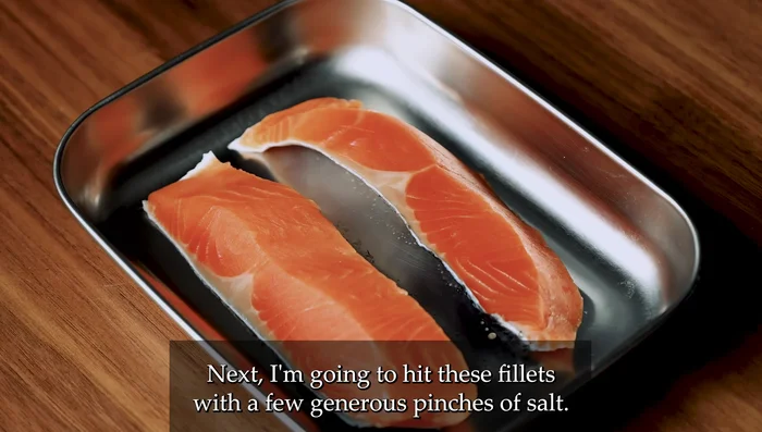 Pat salmon fillets dry with kitchen paper. Generously sprinkle salt and let it rest for 10 minutes to draw out moisture.