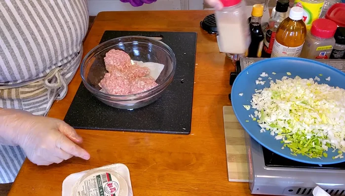 In a bowl, combine the ground pork, sliced cabbage, onion, salt, pepper, onion powder, garlic powder, minced garlic, Japanese wine, sugar, Norishio seasoning, and grated ginger.