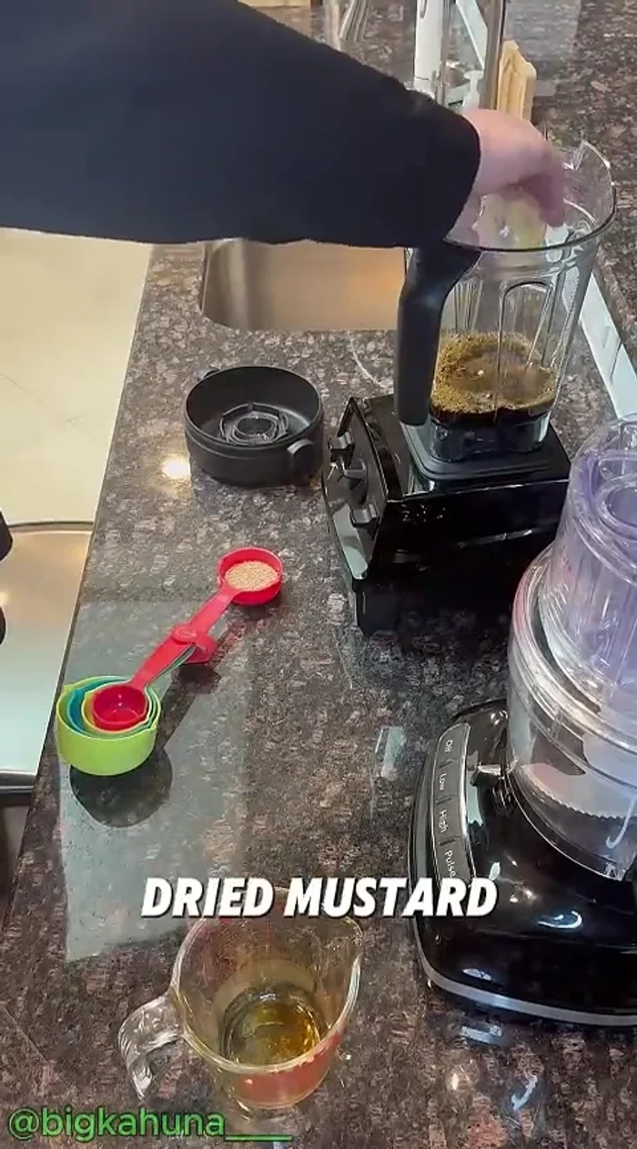 Make the mustard sauce: In a blender, combine soy sauce, dried mustard, toasted sesame seeds, and garlic powder. Blend until smooth. Heat in a pan, simmer, stir in heavy whipping cream, and transfer to a bottle.