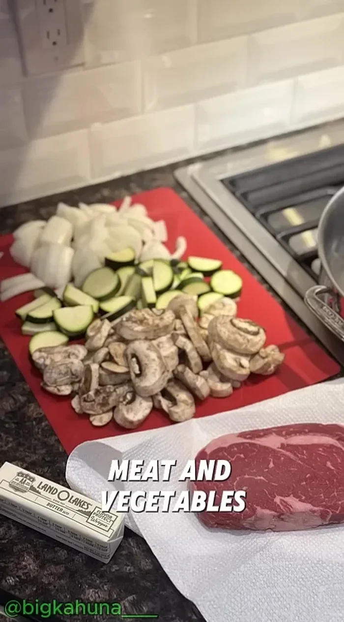 Prep your ingredients: Slice steak, chop vegetables and shrimp.