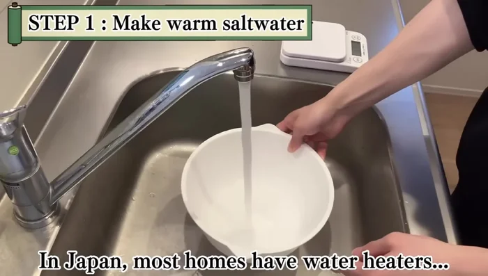 Prepare warm salt water: Heat water to 42°C (40°C target, accounting for temperature drop). Add salt to achieve a 4% salt concentration.