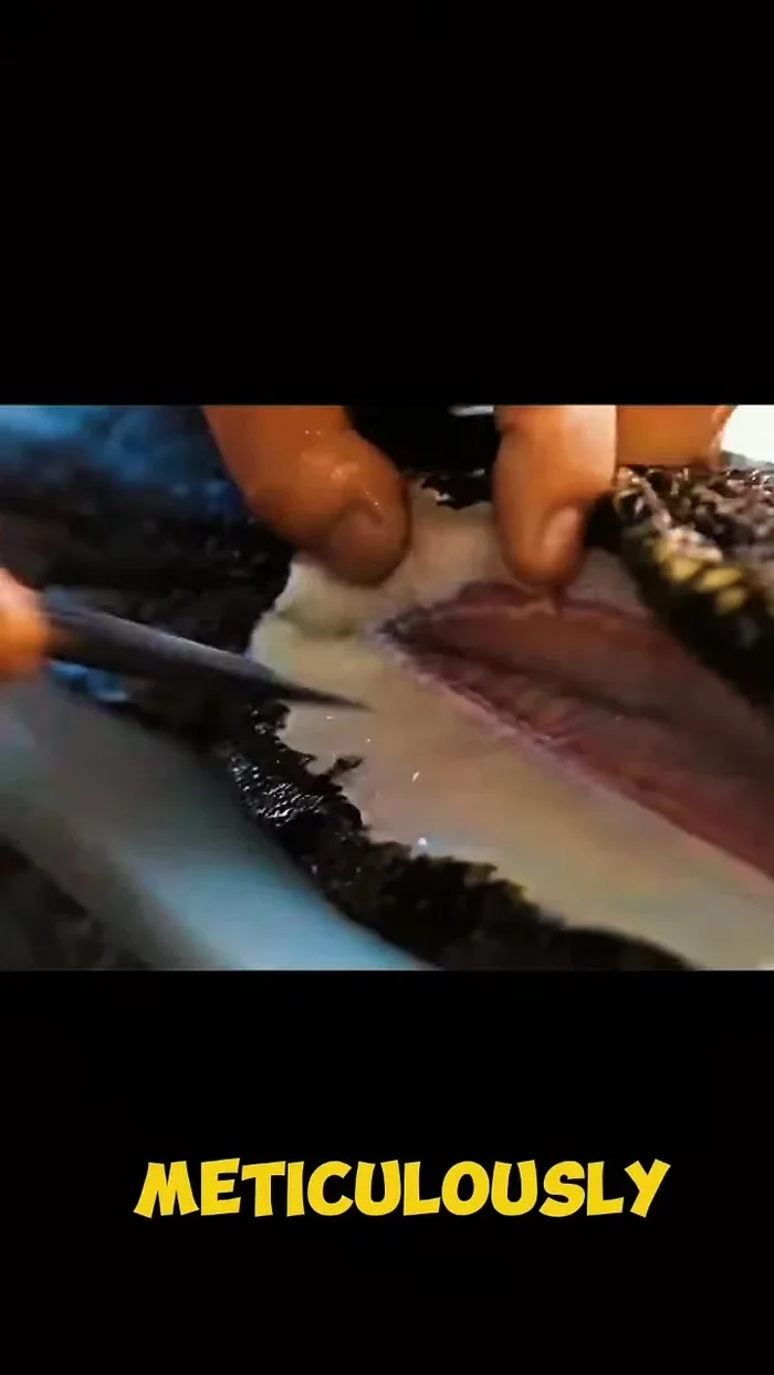 Meticulously remove the skin, bones, and flesh, being careful not to rupture the organs.