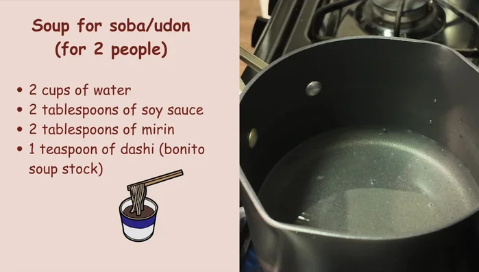 For the soup (optional): In a bowl, combine 2 cups of hot water, 1 teaspoon of dashi, 2 tablespoons of soy sauce, and 2 tablespoons of mirin.