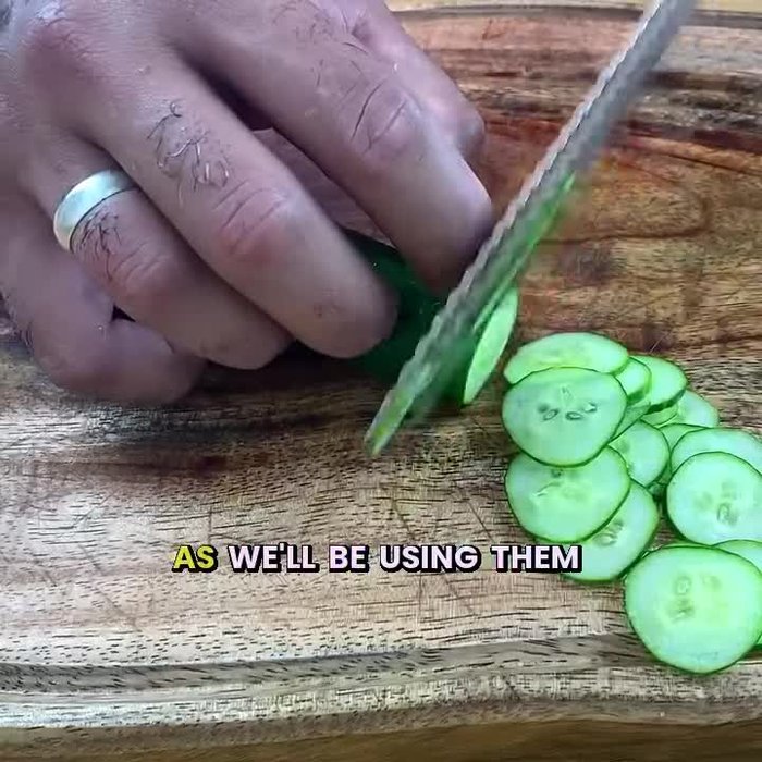 Thoroughly sanitize the cucumbers. We'll be using them with the peels on.