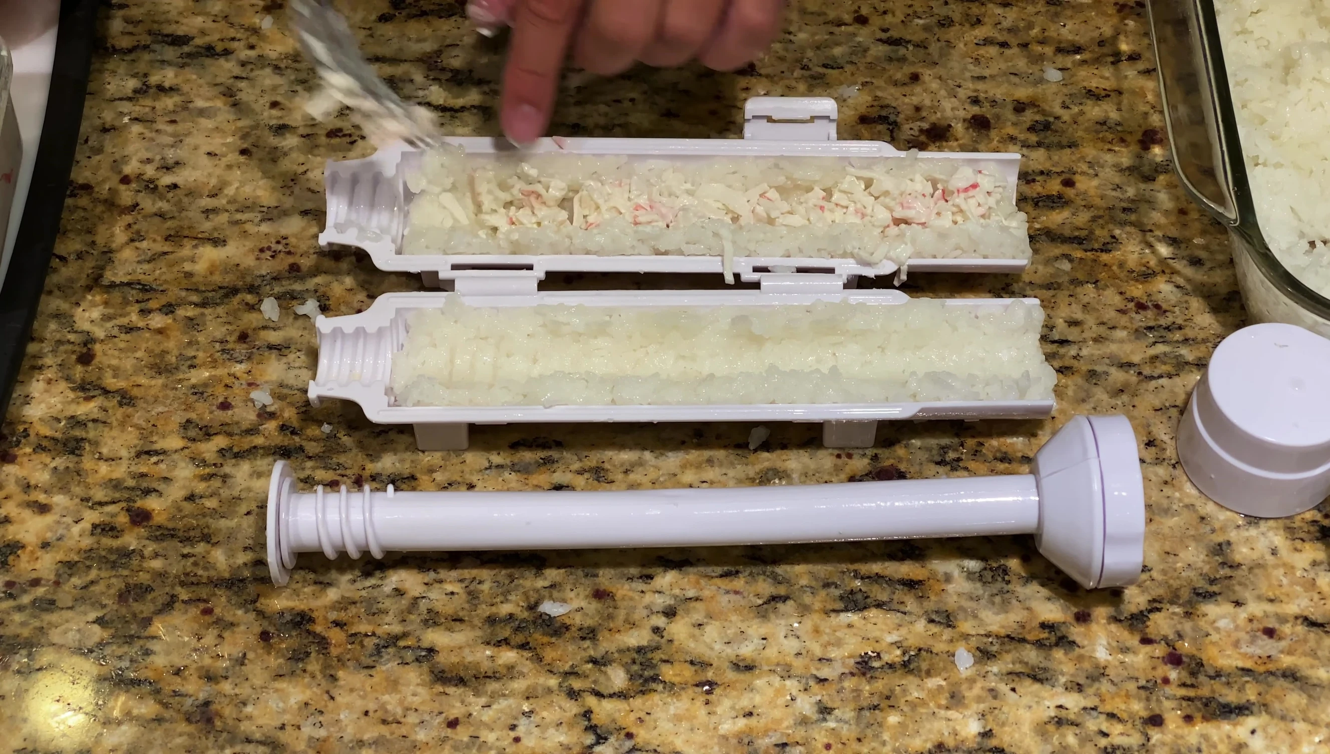 Filling one channel with imitation crab salad