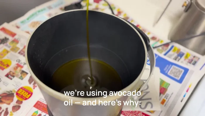 Heat avocado oil in a frying pan to 160°C (320°F) or until small bubbles form when a chopstick is dipped in.