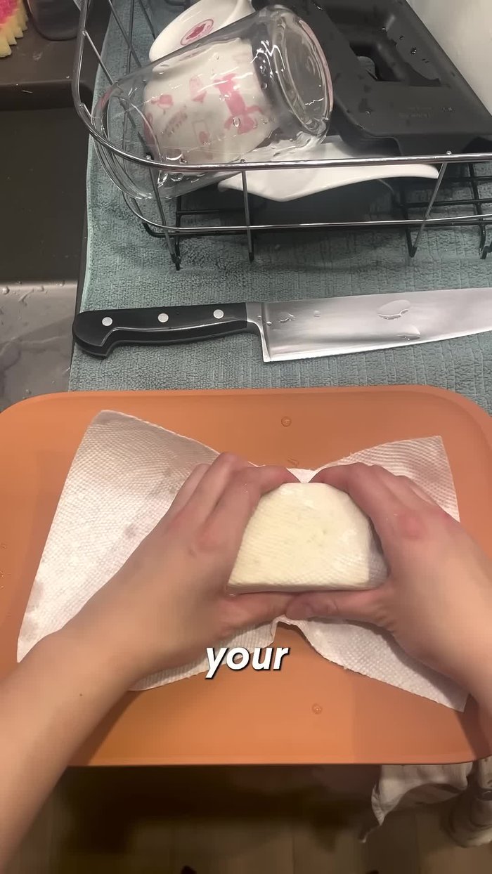Cut the tofu into pieces – not too thin, not too thick.
