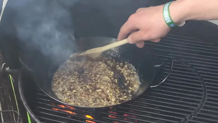 Deglaze with a little sake to prevent burning.