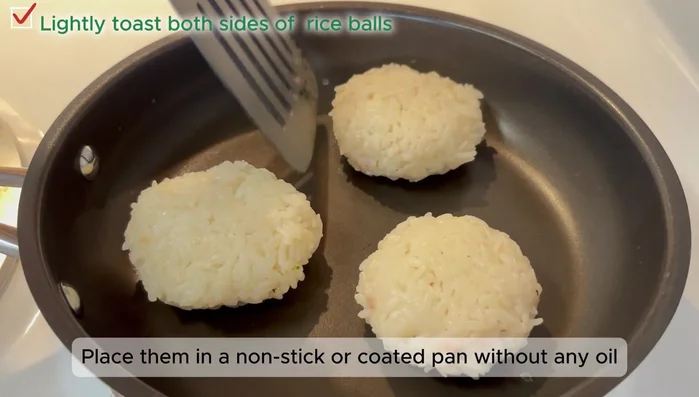 Option 2 (Toasted): Toast rice balls in a non-stick pan without oil until lightly browned on both sides. Drizzle with soy sauce and toast again for a smoky flavor.