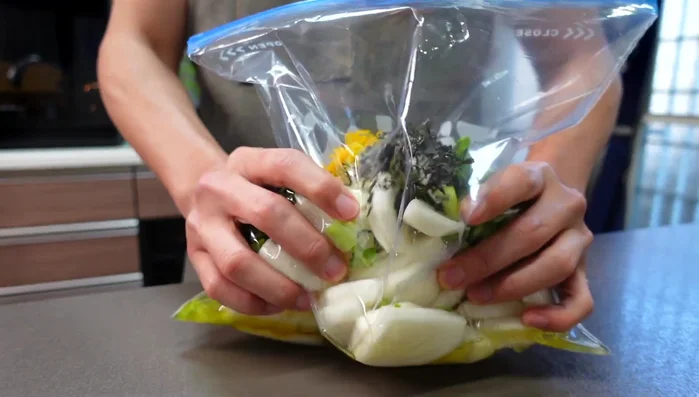 Combine the drained turnips and seasoning liquid in a ziploc bag, pressing out as much air as possible.