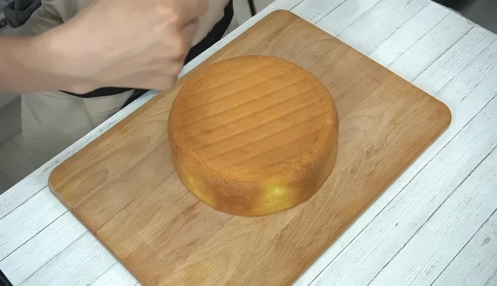 Cut the cooled sponge cake into 1cm slices. Use 3 slices for the dome cake. Cut one slice into a 15cm circle, one into a 10cm circle, and keep one as is.