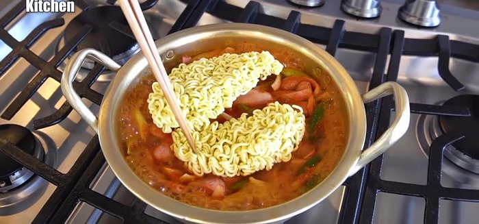Add dried noodles, breaking them into smaller pieces for faster cooking.