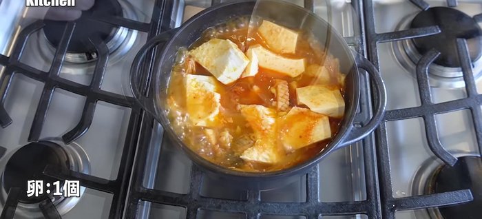 Add eggs and cook until the whites solidify.