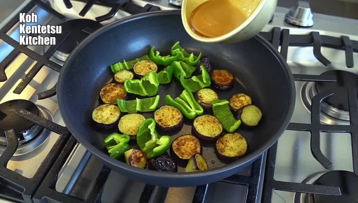 Combine and simmer: Add the miso sauce to the pan with the eggplant and peppers. Mix thoroughly. Cover the pan to prevent splashing. Simmer until the sauce thickens and the water evaporates.