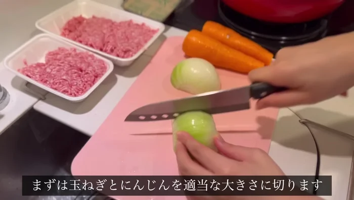 Cut onions and carrots to an appropriate size.