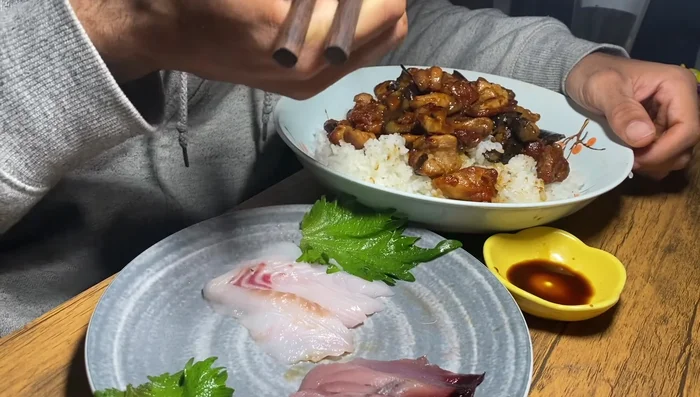 Serve the miso chicken and eggplant stir-fry with rice and the sashimi.