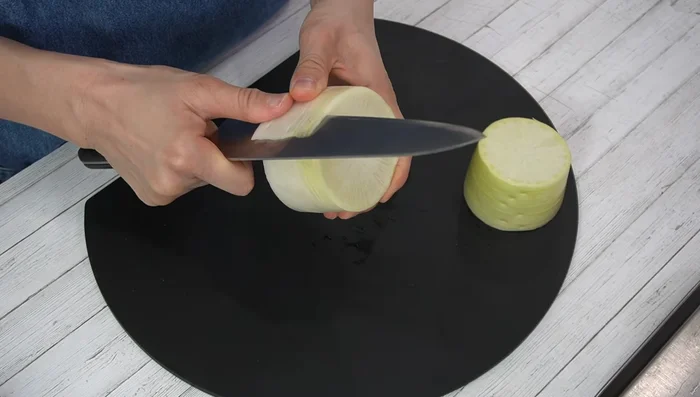 Peel the radish and cut it into roughly 1cm wide pieces. Save the radish skins for a later recipe.