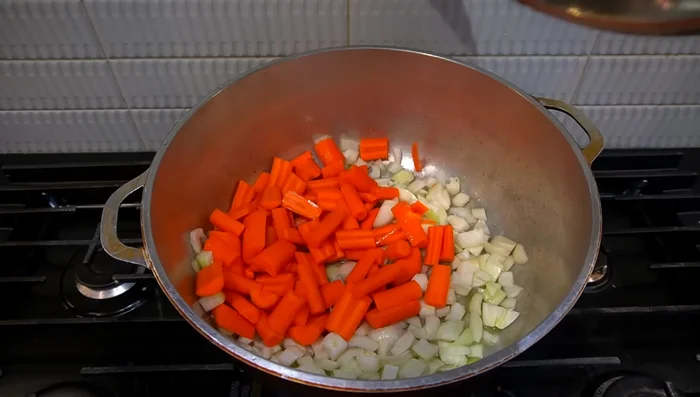 Fry two large onions, 4-6 carrots in 3 tbsp avocado oil.