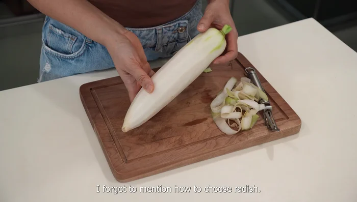 Prep the radish: Remove the skin, chop it in half, and then into smaller, evenly sized pieces. (Aim for even cooking).